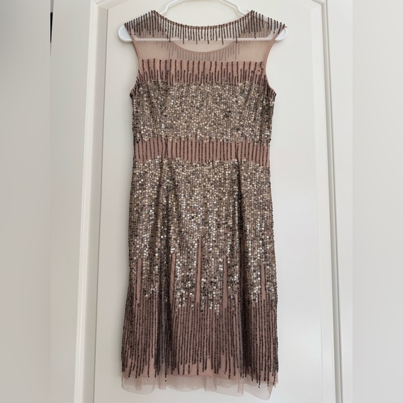 Adrianna Papell Illusion Yoke Beaded Sheath Dress in Taupe - Picture 2 of 3